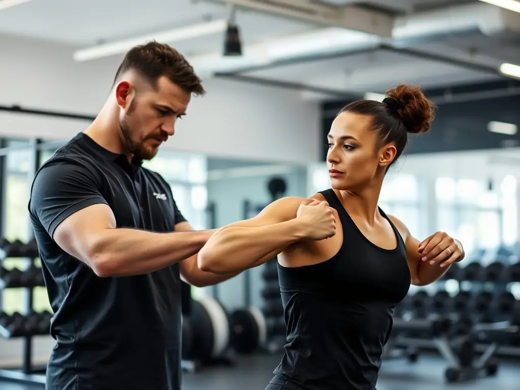 A personal trainer providing one-on-one coaching to a client in a gym.