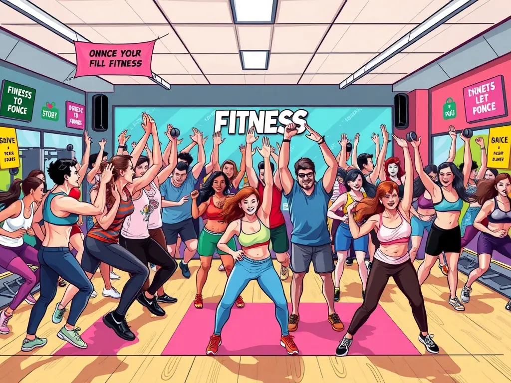 A vibrant group fitness class in a modern gym setting.